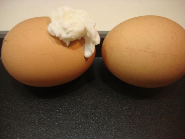Bilde tatt av forfatteren (venstre rett og slett sprukket egg, egg riktig smurt sitron)