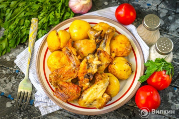 Poteter med kylling i en pose i ovnen